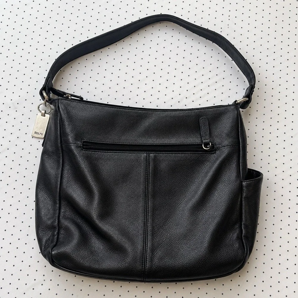 Rolfs Genuine Leather Black Shoulder Bag Purse Cowhide Hobo Organizer Zip Pocket